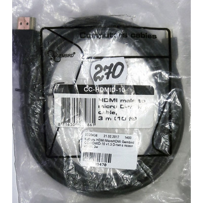 Кабель HDMI/MicroHDMI Gembird CC-HDMID-10 v1.3 D-тип с позол конек. 3м Black