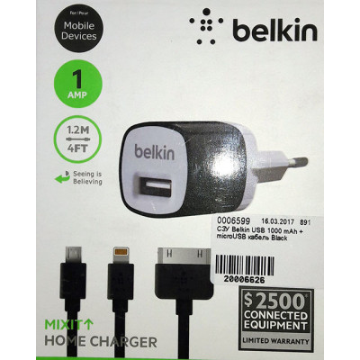 СЗУ Belkin USB 1000 mAh + microUSB кабель Black