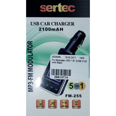 Fm Modulator Sertec 255 + ЗУ 2USB 2100 mAh Black