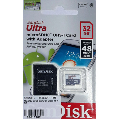MicroSD 32Gb SanDisk Class 10 + адаптер