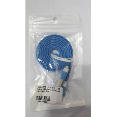 Кабель USB iPhone 5/6 плоский ткань пакет Blue