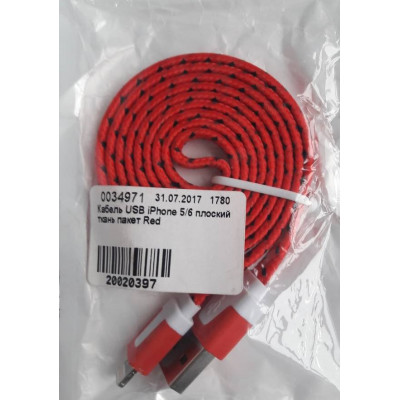 Кабель USB iPhone 5/6 плоский ткань пакет Red