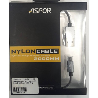 USB cable Aspor A127 Micro USB (2.0m/2.1A) Nylon Cable  Org