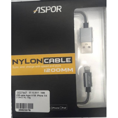 USB cable Aspor A158  iPhone  5/6  (1.2m/2.1A)  Org