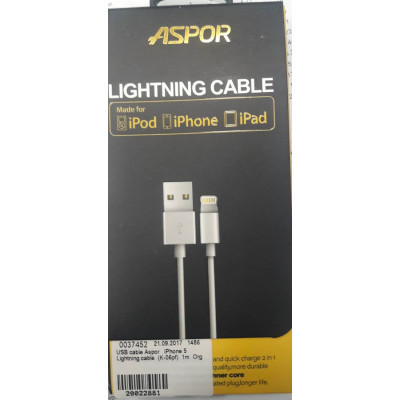 USB cable Aspor   iPhone 5  Lightning cable  (K-06pf)  1m  Org